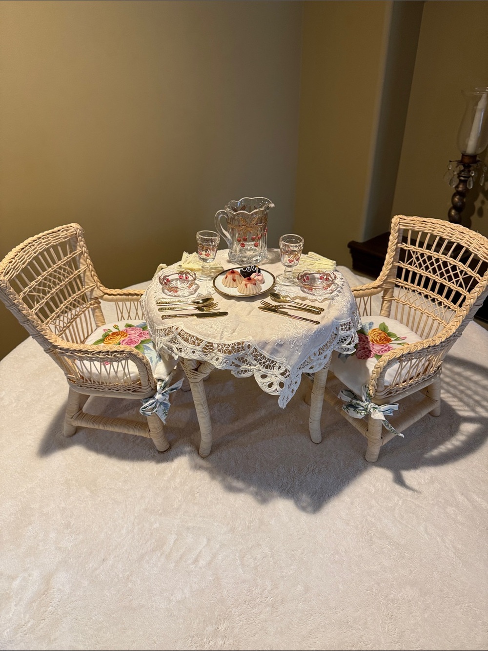Vintage American Doll Table and Chair Set
Glass place setting, Table Cloth